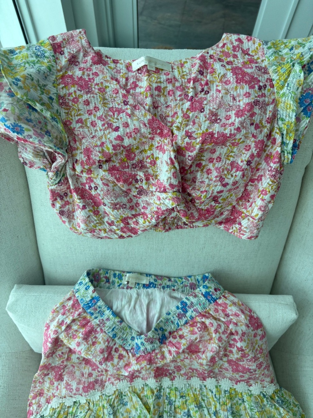 LoveShackFancy Floral Two Piece Crop Top & High Low Ruffle Skirt Set